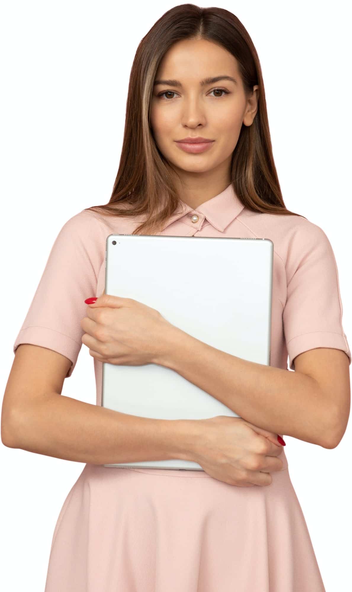 a woman in a pink dress holding a white ipad